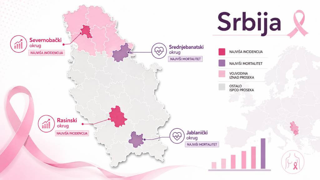 mapa Srbije sa prikazom statistike raka dojke i istaknutim regionalnim razlikama