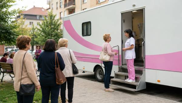 žene čekaju pregled ispred mobilnog mamografa