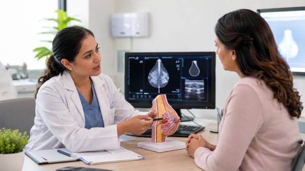 doktorka objašnjava pacijentkinji šta je rak dojke uz model dojke i medicinski prikaz